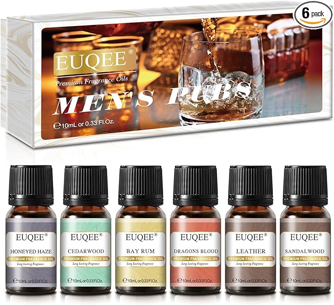 EUQEE 6PCS Fragrance Oils for Men, Men's Pubs Gift Set Premium Fragrance Oils -10ml-Leather, Honeyed Haze, Dragons Blood, Sandalwood, Bay Rum, Cedarwood (Men's Pubs)