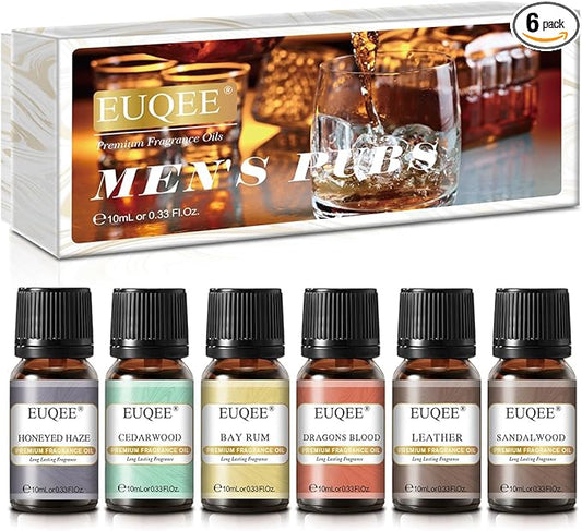 EUQEE 6PCS Fragrance Oils for Men, Men's Pubs Gift Set Premium Fragrance Oils -10ml-Leather, Honeyed Haze, Dragons Blood, Sandalwood, Bay Rum, Cedarwood (Men's Pubs)