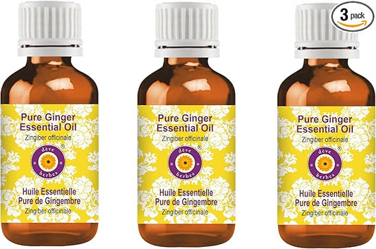 Deve Herbes Pure Ginger Essential Oil (Zingiber officinale) Steam Distilled (Pack of Three) 100ml X 3 (10 oz)