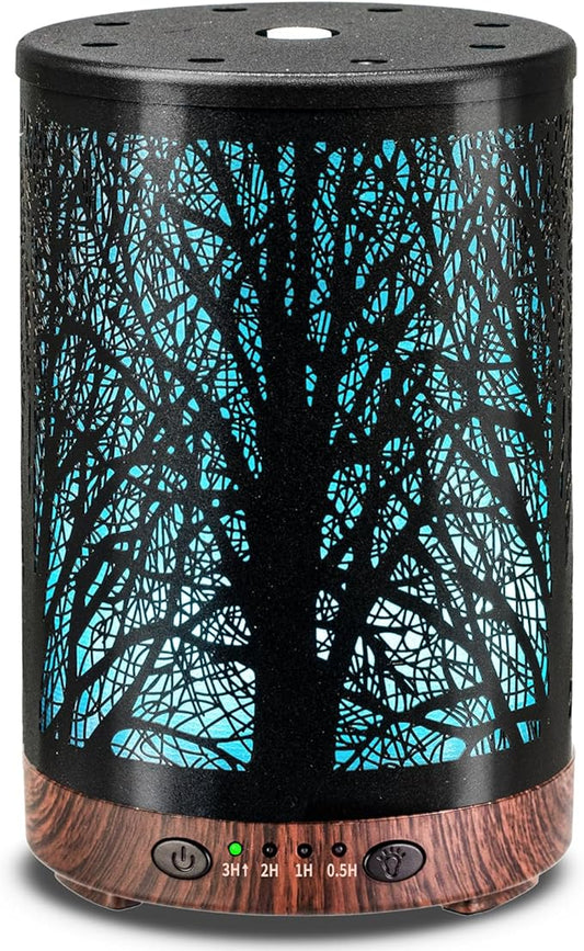 Essential Oil Diffuser 120ML Metal Aromatherapy Diffuser with Timer, Cool Mist Humidifier with Auto Shut-Off & 7 Color Lights for Home Office Spa (Tree)