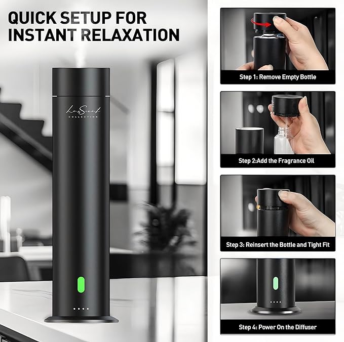 Wireless Aroma Diffuser Scent Oil - Home Luxury Portable Scent Diffuser - Remote Control Waterless Diffuser - 1000 sq. ft Coverage - Essential Oil 20ml Sample Pack Included - Aromatherapy (Silver)