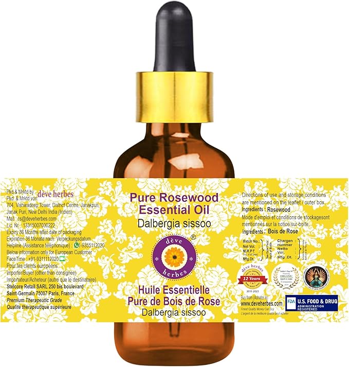 Deve Herbes Pure Rosewood Essential Oil (Dalbergia Sissoo) with Glass Dropper Steam Distilled 50ml (1.69 oz)