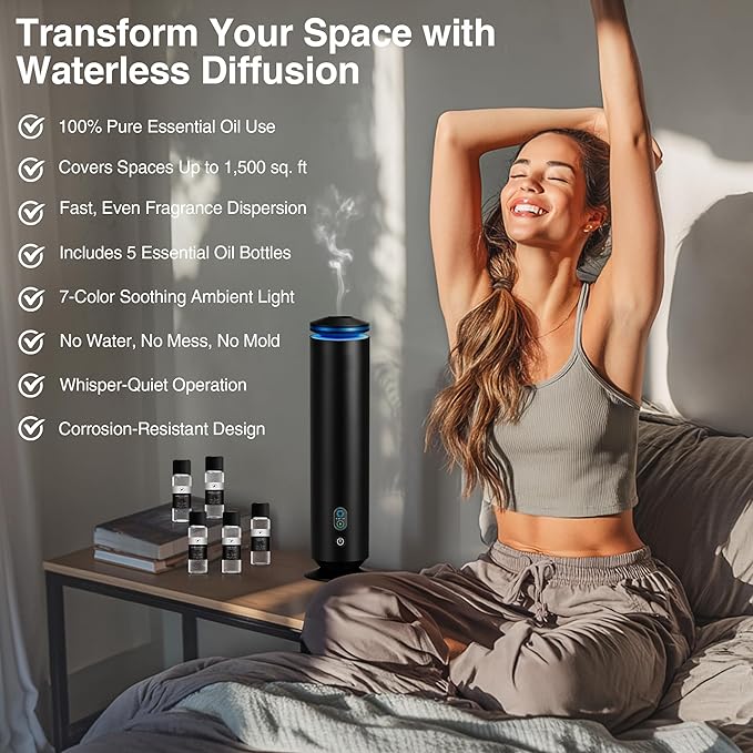Upgraded Waterless Scent Diffuser Starter Kit - 1500 Sq Ft Coverage, Scent Diffuser for Home, Hotel, Studio, Essential Oil Diffuser Large Room, 7 Mood Lights Setting, 5 Essential Oils Included