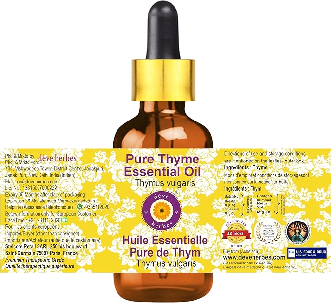 Deve Herbes Pure Thyme Essential Oil (Thymus vulgaris) with Glass Dropper Steam Distilled 5ml (0.16 oz)