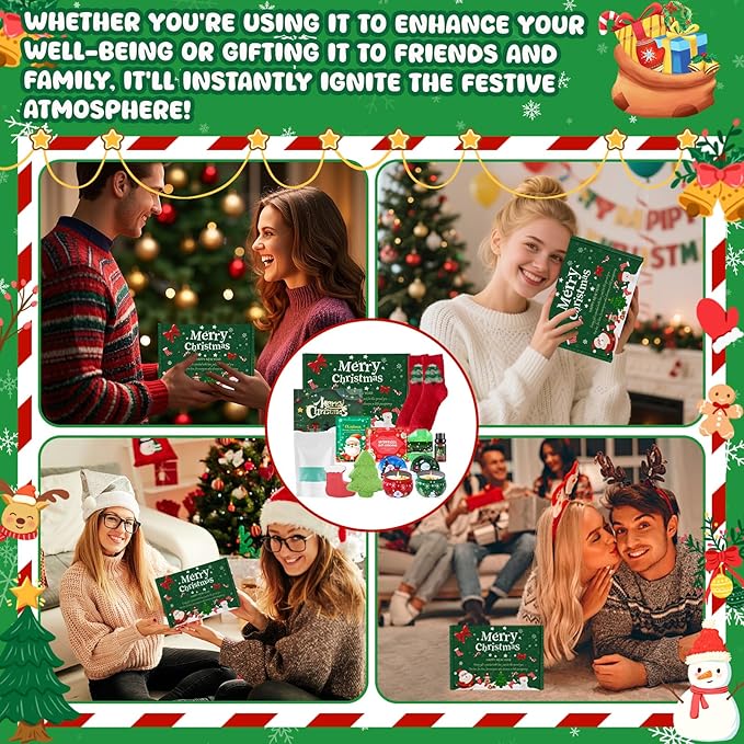 JAOJAO Christmas Gift Sets for Women, Bath Gift Set for Women Secret Santa Gifts Stocking Stuffers Festive Self-Care with Massage Oil, Scented Candle, Bath Salts, Soap, Stocking, Greeting Cards
