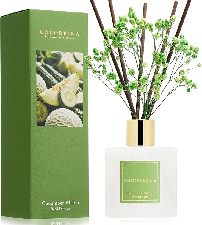 COCORRÍNA Reed Diffuser - Cucumber Melon 6.7 fl oz Reed Diffuser with Sticks, Bedroom Bathroom Shelf Decor