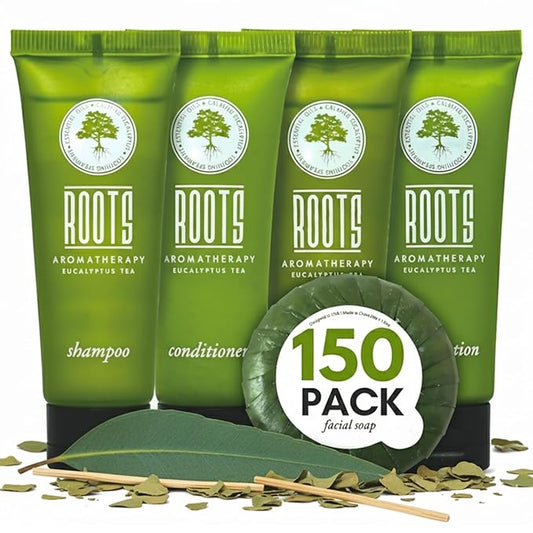 Airbnb Essentials for Hosts, 150-Piece Hotel Toiletries Bulk Set — Shampoo, Conditioner, Body Wash, Lotion & Bar Soap for Guests, Vacation Rental Bathroom Amenities, Eucalyptus Tea