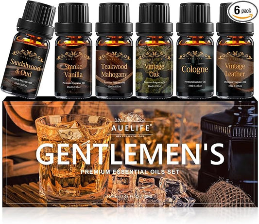 Men Essential Oils Set for Diffuser, Father's Day Gift for Men - 6x10ml Masculine Fragrance Oils for Candle Making, Scented Oil Gift Set, Mahogany, Sandalwood, Cologne, Smoke Vanilla, Oak, Leather