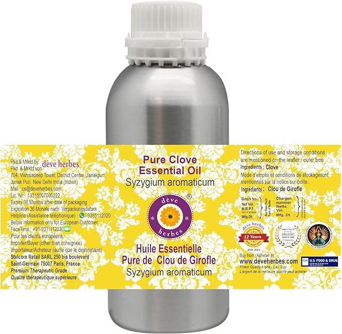 Deve Herbes Pure Clove Essential Oil (Syzygium aromaticum) Steam Distilled 300ml (10 oz)