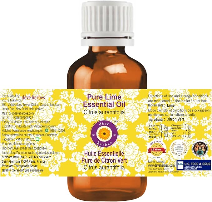 Deve Herbes Pure Lime Essential Oil (Citrus aurantifolia) Steam Distilled 100ml (3.38 oz)