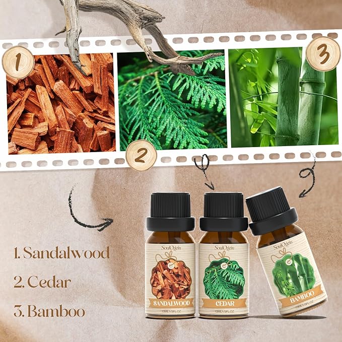 Soulorigin Woody Essential Oils Set, Fragrance Oil Set for Diffuser, Scent Diffuser Oil for Candle Making- Sandalwood, Cedar, Bamboo, Teak, Vetiver, Forest Pine