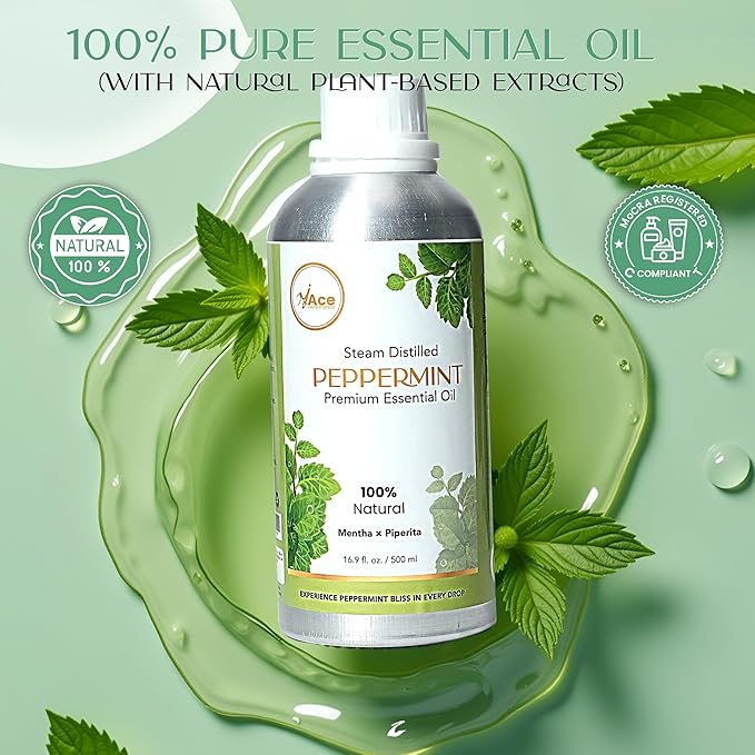 MyAce Peppermint Essential Oil – 100% Pure & Natural, Steam-Distilled Oil for Diffuser, Aromatherapy, Skin Care, Hair, DIY Projects & Home Fragrance - 16 fl oz