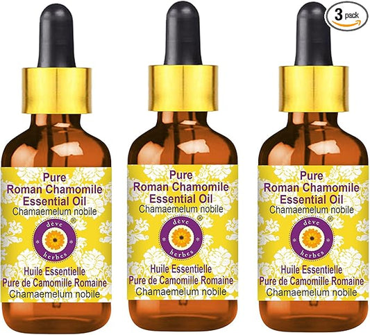 Deve Herbes Pure Roman Chamomile Essential Oil (Chamaemelum nobile) with Glass Dropper Steam Distilled (Pack of Three) 100ml X 3 (10 oz)