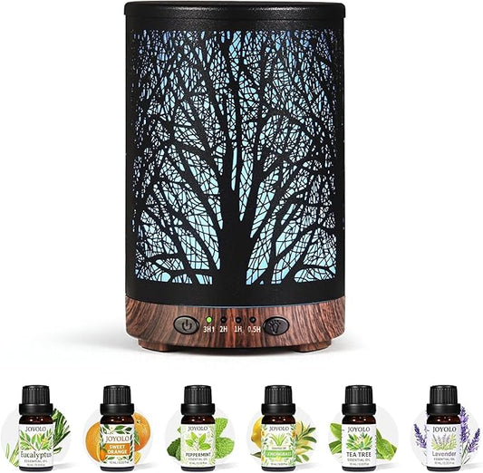 Oil Diffuser with Essential Oils Set, Aromatherapy Diffuser with 7 Color Lights and Auto Shut-Off, Cool Mist Diffuser with 6 Oils Gift Pack for Home Office (Tree with Oils)