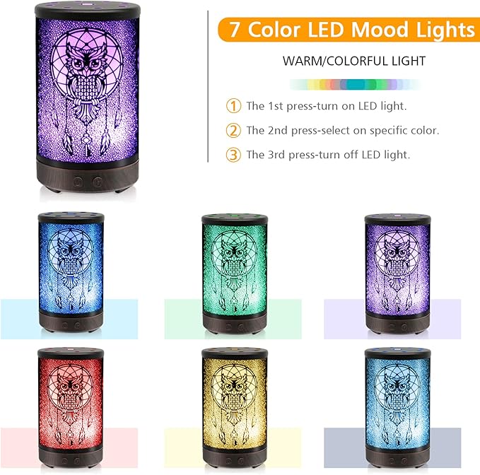 Owl Essential Oil Diffuser, DAROMA 100ml Metal Aromatherapy Ultrasonic Cool Mist Humidifier Air Scent Home Office Gift, 7 Colors Changed LED Mood Light, Waterless Auto-Off
