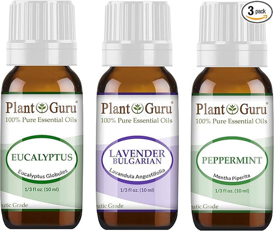 Essential Oil Set Beginner Trio Kit 10 ml 100% Pure Therapeutic Grade Includes: Eucalyptus, Lavender, Peppermint. for Aromatherapy Diffuser Humidifier, Skin and Hair Growth.