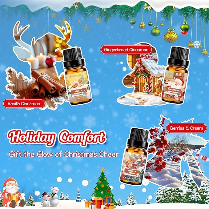 RAINBOW ABBY Christmas Fragrance Oil Set, Holiday Essential Oils for Diffuser, Fresh Cut Wood, Campfire Whisper, Candy Land, Gingerbread Cinnamon, Vanilla Cinnamon, Berries & Cream, 6X 10ml