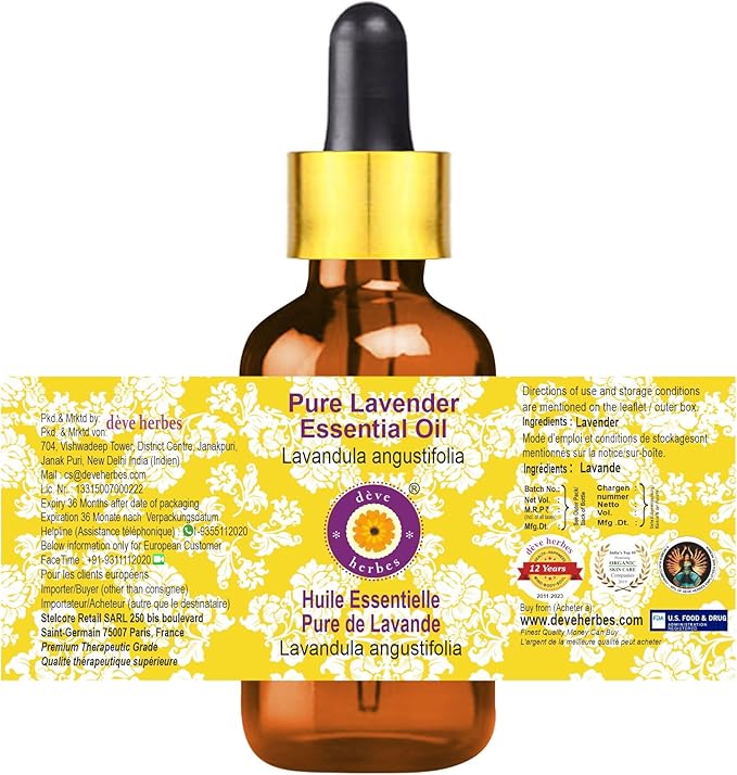 Deve Herbes Pure Lavender Essential Oil (Lavandula angustifolia) (Made in France) with Glass Dropper Steam Distilled (Pack of Three) 100ml X 3 (10 oz)