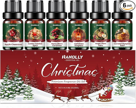 Christmas Fragrance Oil Set, 6 Premium Holiday Essential Oils for Diffuser, Candle Making - Caramel Pumpkin Swirl, Apple Cinnamon, Merry Berry Christmas, Christmas Fireplace Scented Oil Gift Set