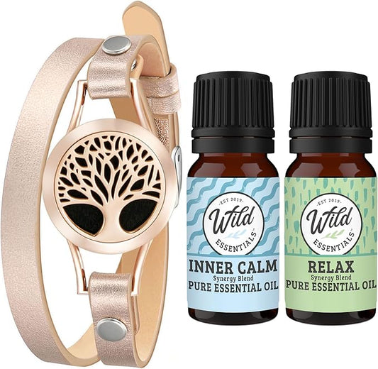 Wild Essentials Rose Gold Tree of Life Diffuser Wrap Bracelet Kit – Adjustable 5"–7.5" Leather + 316L Stainless Steel Locket, 12 Color Pads (17mm) – Includes Inner Calm & Relax (2 x 10ml)