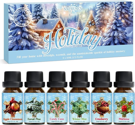 Holiday Fragrance Oil Set, Winter Essential Oils for Diffuser, Apple Cinnamon, Forest Pine, Candy Cane, Winter Mint, Cranberry, Mistletoe, Diffuser Oils Gift Set for Aromatherapy