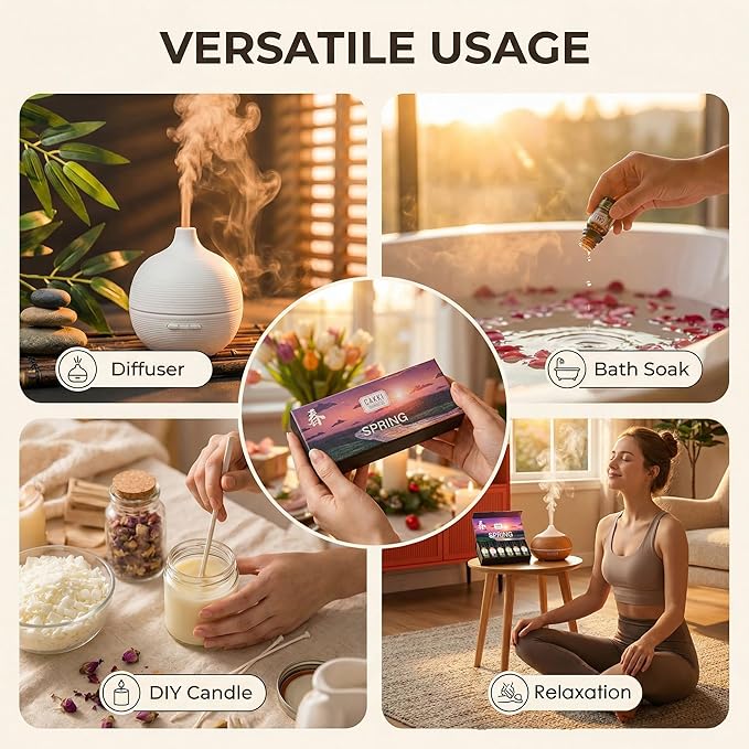 CAKKI Essential Oils for Diffusers for Home,Spring Fragrance Oils Set of 6x10ml, Sweet Pea,Emerald Gardenia,Plum Blossom,Newly Born,Reborn,Velvet Petals,Aromatherapy Oils,for Candles Making