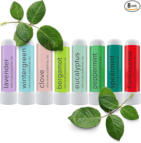 MOXĒ Nasal Inhalers Bundle, 8 Essential Oils, 100% Pure and Undiluted, Therapeutic Grade, No-Mess Portable Aromatherapy, Includes Eucalyptus, Peppermint, Lavender, Wintergreen, Made in USA - Pack of 8