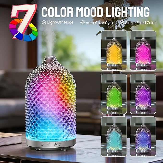 Essential Oil Diffuser 150ml,Glass Aromatherapy Diffuser with Ultrasonic Cool Mist, 7 Color LED Lights, 1/2/4H Timer, Quiet Auto Shut-Off Oil Diffuser for Bedroom, Home, Office (Black)