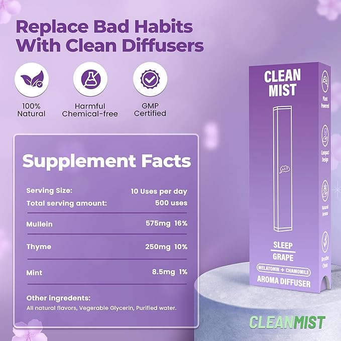 The Clean Mist Sleep Blend Herbal Diffuser Pen | Aroma Diffuser Pen Stick with Lavender, L-Theanine, and Chamomile | Natural Plant-Based Alternative | 500 Uses Per Stick