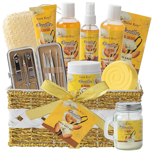 Large basket 25 pcs for Women & Men Gifts, Vanilla Honey & Almond Bath & Body Gift Basket, Face Skin Care Kit, Home Spa Gift Set, Self-Care Kit, Necklace, Birthday, Christmas, Mother Day, Anniversary