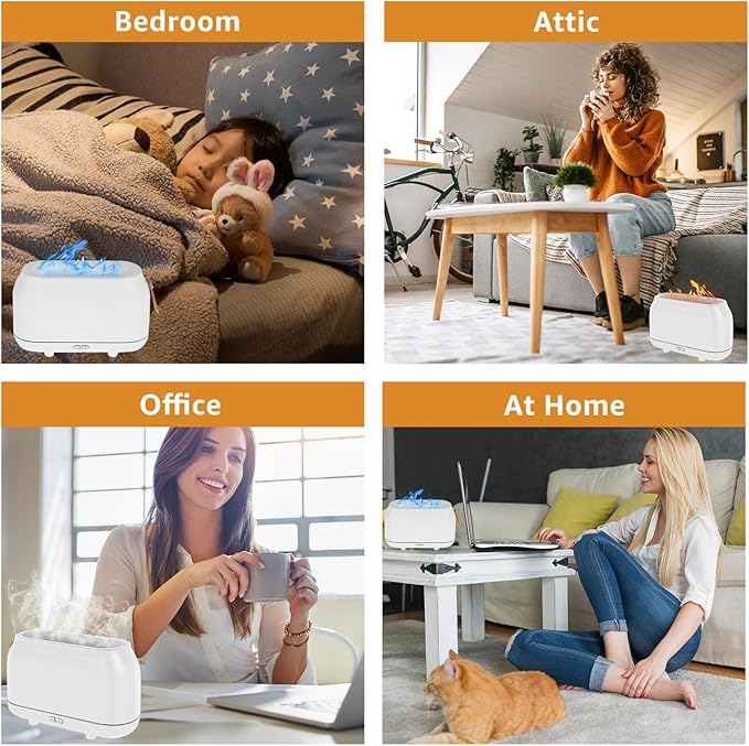 Flame Diffuser Humidifier with 7 Colors Flame Light, 180ml Flame Aroma Diffuser, Colorful Flame Light Quiet Waterless Auto Shut-Off Air Humidifier Diffuser for Home Office Room (White)