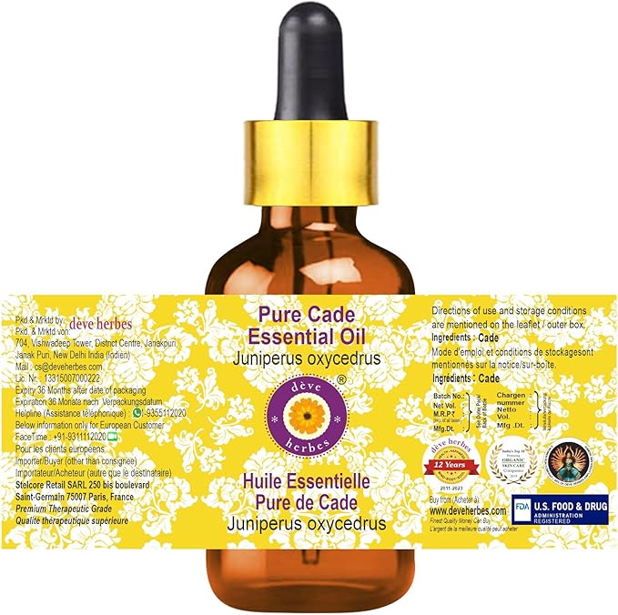 Deve Herbes Pure Cade Essential Oil (Juniperus oxycedrus) with Glass Dropper Steam Distilled 15ml (0.50 oz)