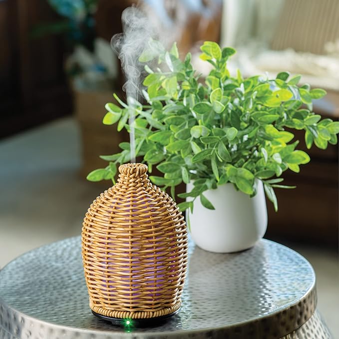 Airome Wicker Medium Rattan Essential Oil Diffuser|100 mL Humidifying Ultrasonic Aromatherapy Diffuser 8 Colorful LED Lights, Intermittent & Continual Mist, Auto Shut-Off