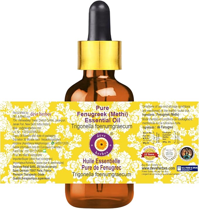 Deve Herbes Pure Fenugreek (Methi) Essential Oil (Trigonella foenumgraecum) with Glass Dropper Steam Distilled 15ml (0.50 oz)