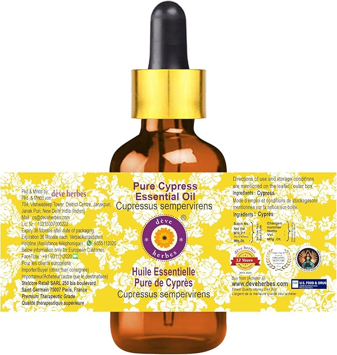 Deve Herbes Pure Cypress Essential Oil (Cupressus sempervirens) with Glass Dropper Steam Distilled 30ml (1 oz)