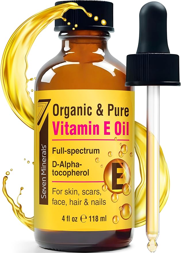 Seven Minerals Ultra Pure Vitamin E Oil - Full-Spectrum D-Alpha Tocopherol per 4 Oz Bottle - 100% Organic Vitamin E Oil for Skin, Face, Hair and Scars - Naturally Occurring=Not Synthetic.
