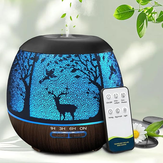 Essential Oil Diffuser for Bedroom,Diffusers for Home with Remote Control,Cool Mist Humidifier Large Room，Ultrasonic Scent Diffuser Waterless Auto Off,7 Colors Light & 3 Mist Modes for Desk Deer