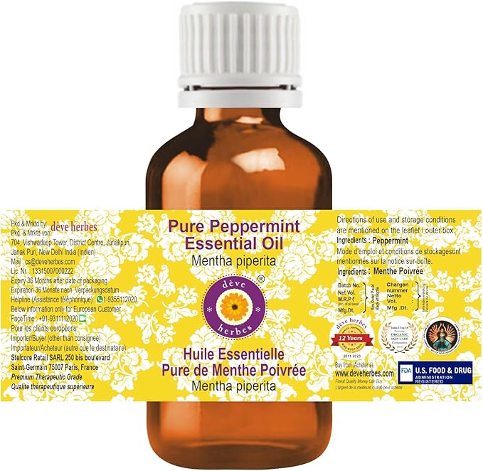 dève herbes Peppermint Essential Oil (Mentha piperita) Pure | Non-Sticky | Non-Greasy | Lightweight | Men & Women | All Skin Types | Steam Distilled 30ml (1 oz)