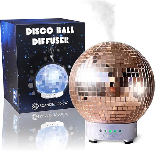 SCANDINORDICA Disco Ball Diffuser - Original Rotating Disco Essential Oil Diffuser with Whisper Quiet Operation, 14 Color Night Light & 4Time Settings | Cute Eclectic Decor for Medium Room Rose Gold