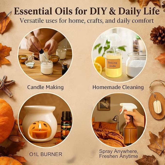 Fall Essential Oils Set 6 x 10ml-Pumpkin Spice, Apple Cider, Snickerdoodle, Vanilla, Cinnamon, Pine,Autumn Fragrance Oils for Diffuser, Home Scenting and Seasonal Gifts