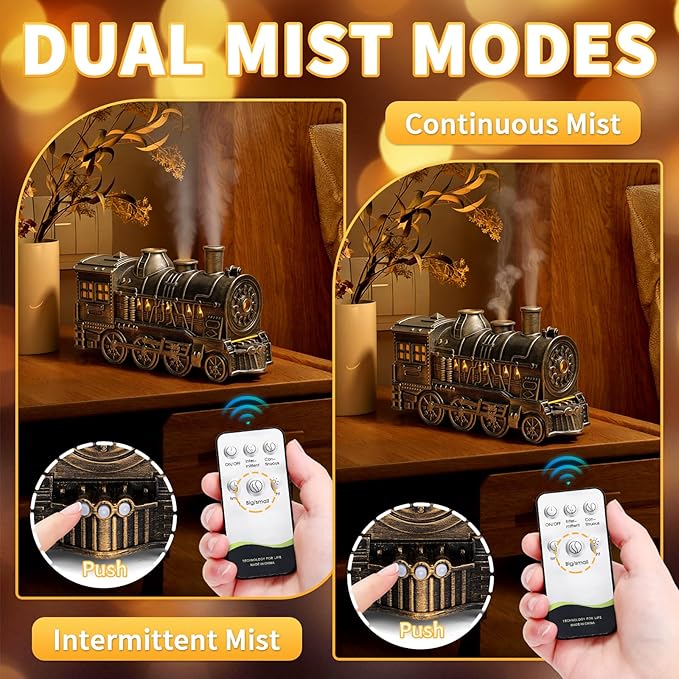 Train Diffusers for Essential Oils with Remote Control, 300ML Creative Lighting Steam Locomotive Humidifier, 2-Color Light & Mist Modes for Bedroom Office