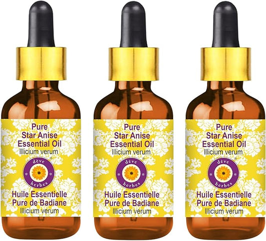 Deve Herbes Pure Star Anise Essential Oil (lllicium verum) with Glass Dropper Steam Distilled (Pack of Three) 100ml X 3 (10 oz)