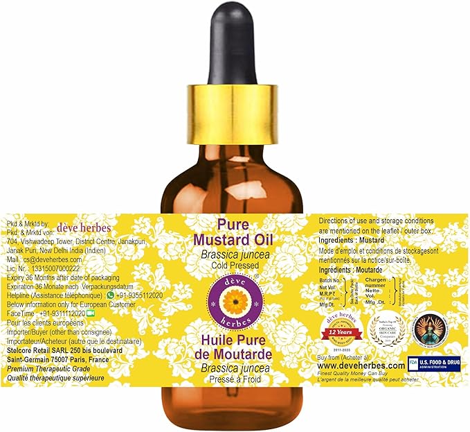 Deve Herbes Mustard Oil (Brassica juncea) with Glass Dropper | Cold Pressed | Pure | Natural | For Diluting Essential oils | For Hair, Skin & Massage | Non-Sticky| Lightweight| Unisex | 30ml (1 oz)