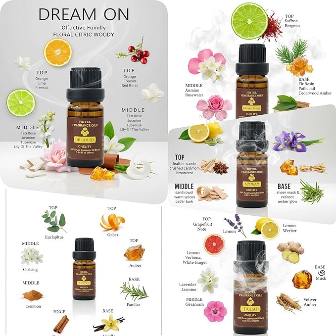 Hotel Diffuser Oil Essential Oils Set, Inspired by Luxury 5-Star Hotel, Baccarat Rouge, Dream On, Dubai, My Way, Santal, Fragrance Oil Set (5X10ML (0.34 fl oz), Hotel)