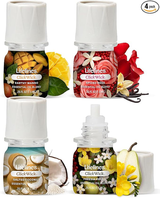 ClickWick Essential Oil Blends for Lifelines Diffusers, 4-Pack Lush Earth Collection - Essential Oil Blend Refill for Candle, Plant & Shower Aromatherapy Diffuser - Fragrance for Diffusers