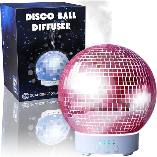 SCANDINORDICA Disco Ball Diffuser Rotating - 300 ML Essential Oil Diffuser with Whisper Quiet Operation, Night Lights, Cute Maximalist Disco Ball Decor | Aromatherapy Diffuser for Large Room Pink