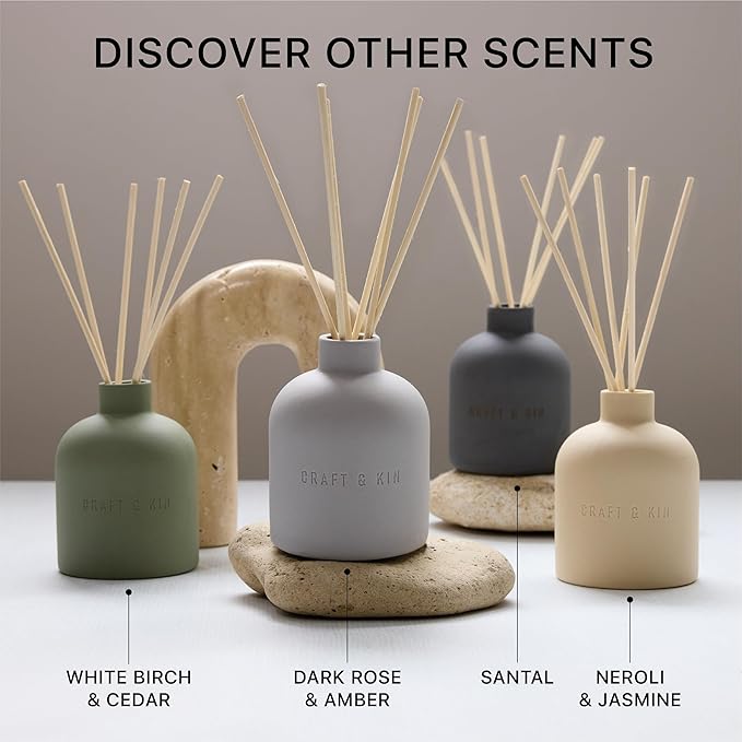 Craft & Kin Reed Diffuser for Home & Bathroom – White Birch & Cedar Holiday Reed Diffuser Set with Fragrance Sticks, Long-Lasting Alcohol-Free Winter Scent, Earthenware Collection, 6.7oz