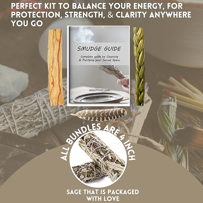 Ancient VEDA Organic Smudge Kit – Yerba Santa, Palo Santo, Sweetgrass Braid, Feather & Smudge Guide | Home Cleansing Kit for Meditation, Yoga, Energy Healing & Gift (Starter Kit, Yerba Santa Sage)