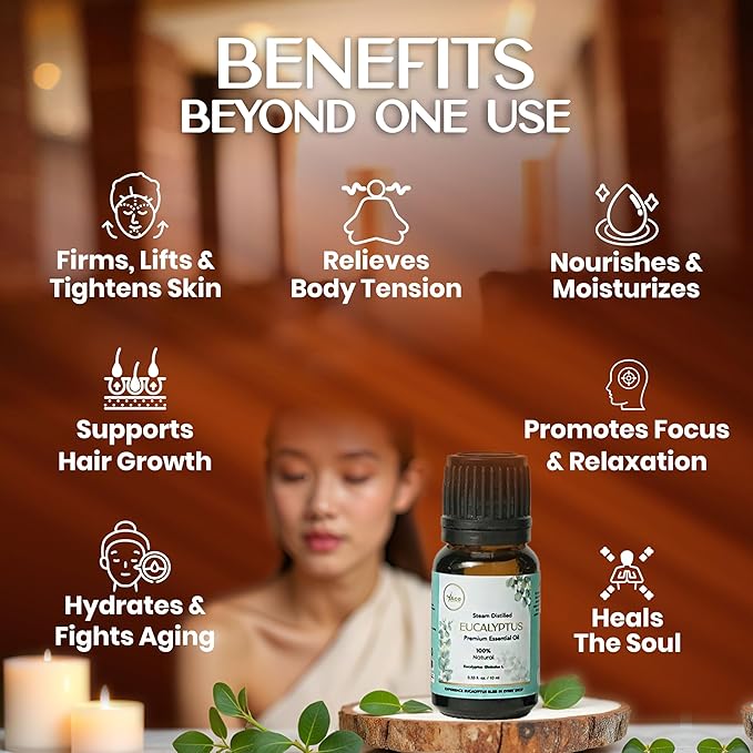 My Ace Eucalyptus Essential Oil – 100% Pure & Natural, Steam-Distilled, Undiluted Oil for Diffuser, Aromatherapy, Massage, Candle & Soap Making – Amber Glass Bottle – 0.33 fl oz
