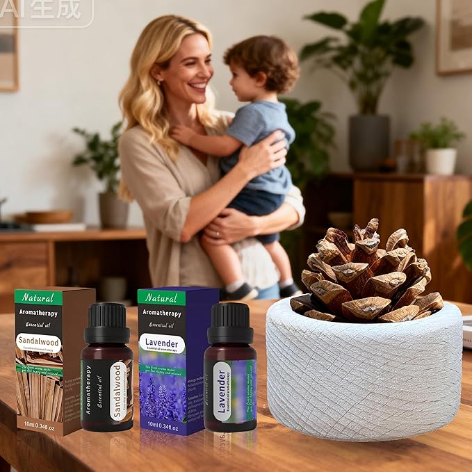Wooden Essential Oil Diffuser - Small Cylinder Passive Diffuser, Beech Wood Aromatherapy Diffuser with Pine Cone & 20ml Essential Oils Great for Decorating at Desk, Office or Car